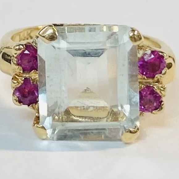 Aquamarine And Ruby 14K Yellow Gold Ring - Picture 3 of 5